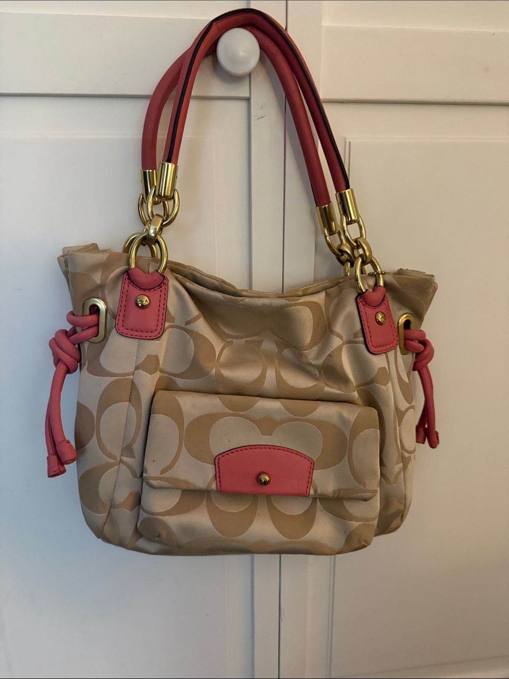 Coach Beige Signature Canvas Shoulder Bag and wallet with Pink Trim